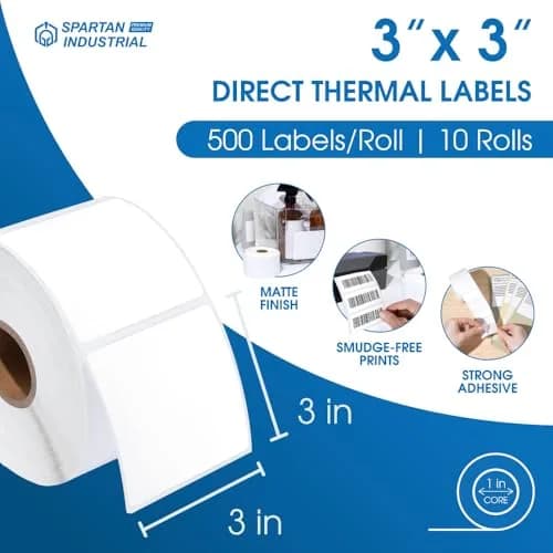 Spartan Industrial 3" x 3" Direct Thermal Labels 5000 Count (10 Rolls, 500 Labels/Roll) | Matte White, Permanent Adhesive, Perforated thumbnail 2