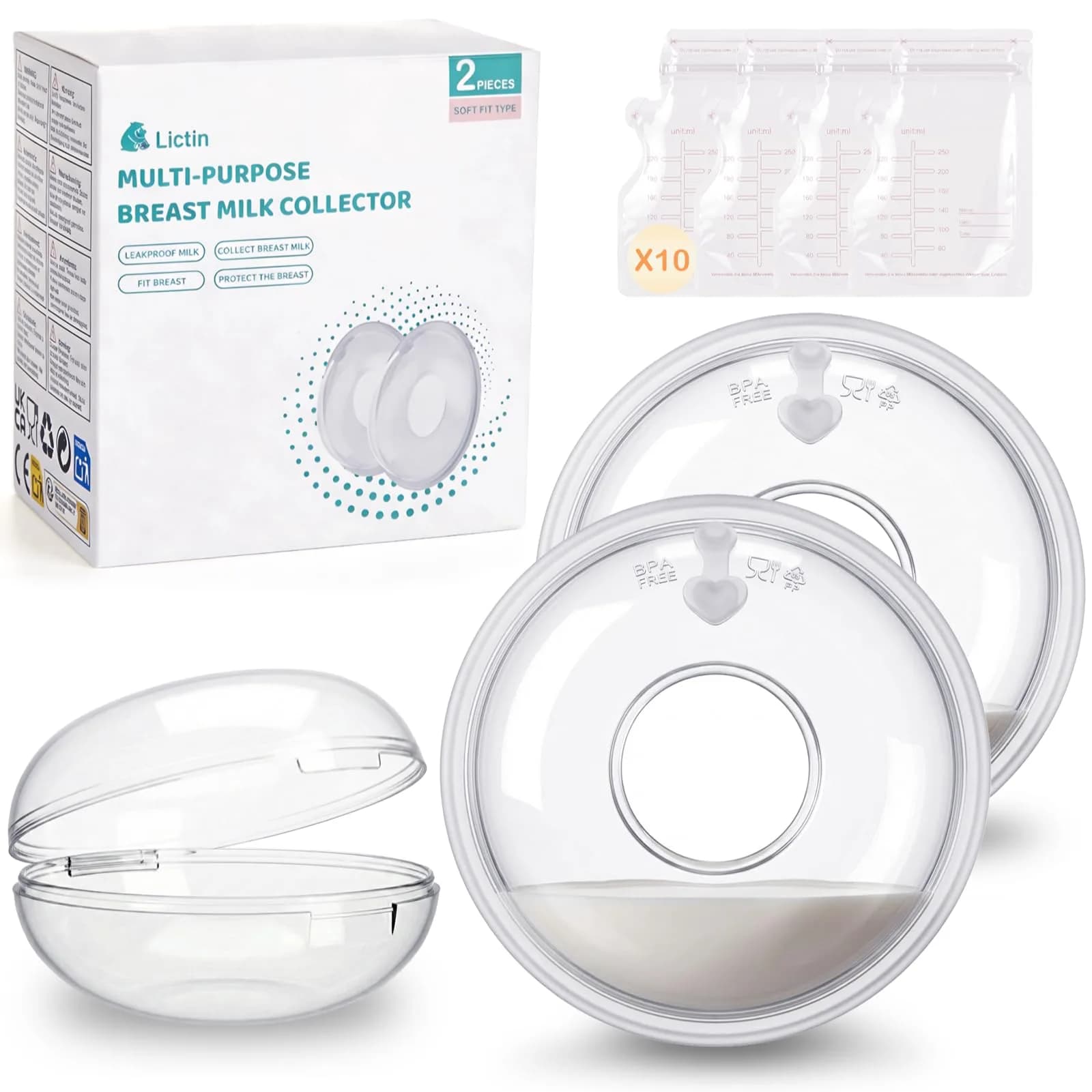 Lictin Breast Milk Collector Shells with Storage Bags - 70ml Capacity, BPA-Free Silicone | Pack of 2 — 60ML/2PCS(Storage Bag/Box)