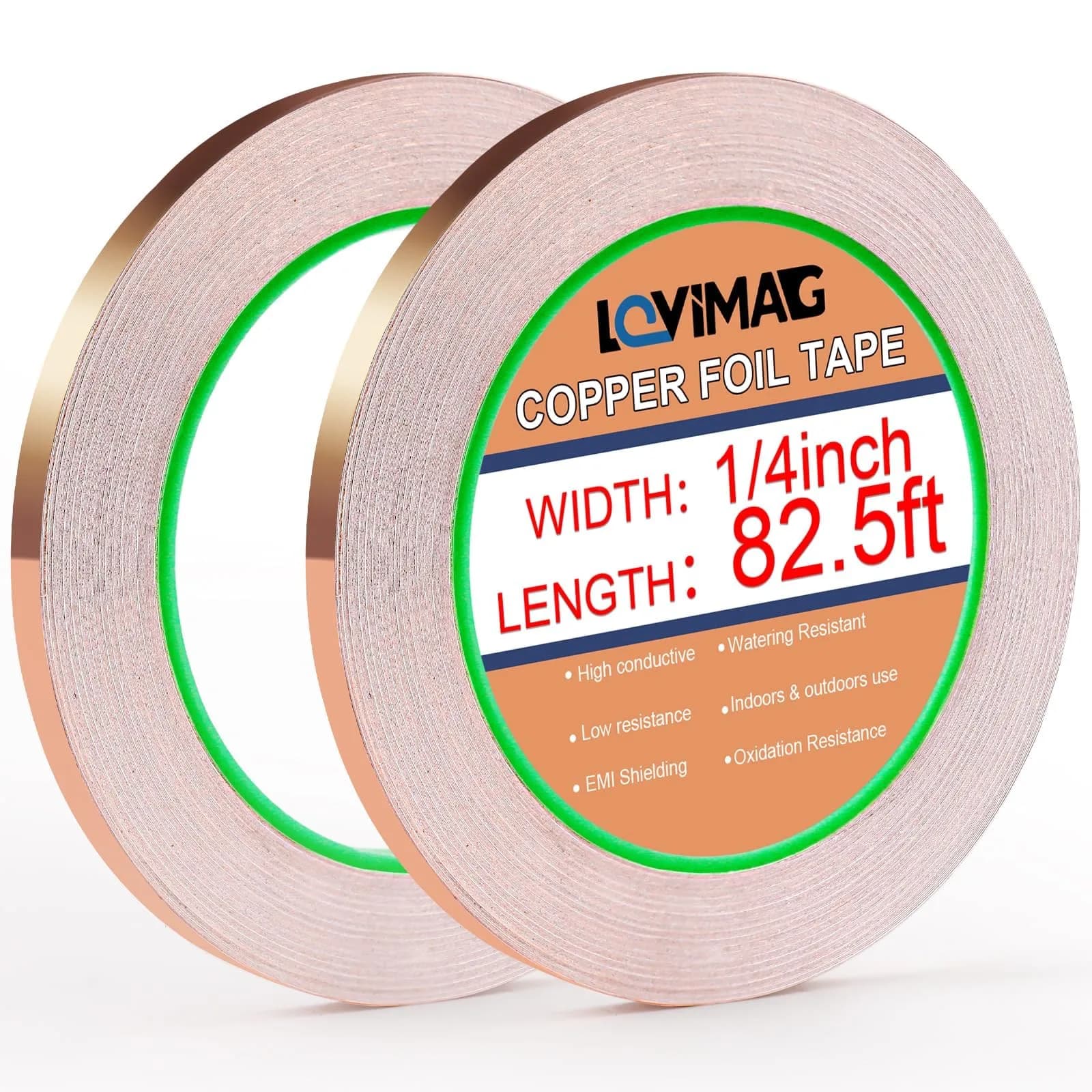 LOVIMAG Copper Foil Tape 2 Pack | 6.35mm x 25.15m (1/4" x 82.5ft) Conductive Adhesive for EMI Shielding & Crafts