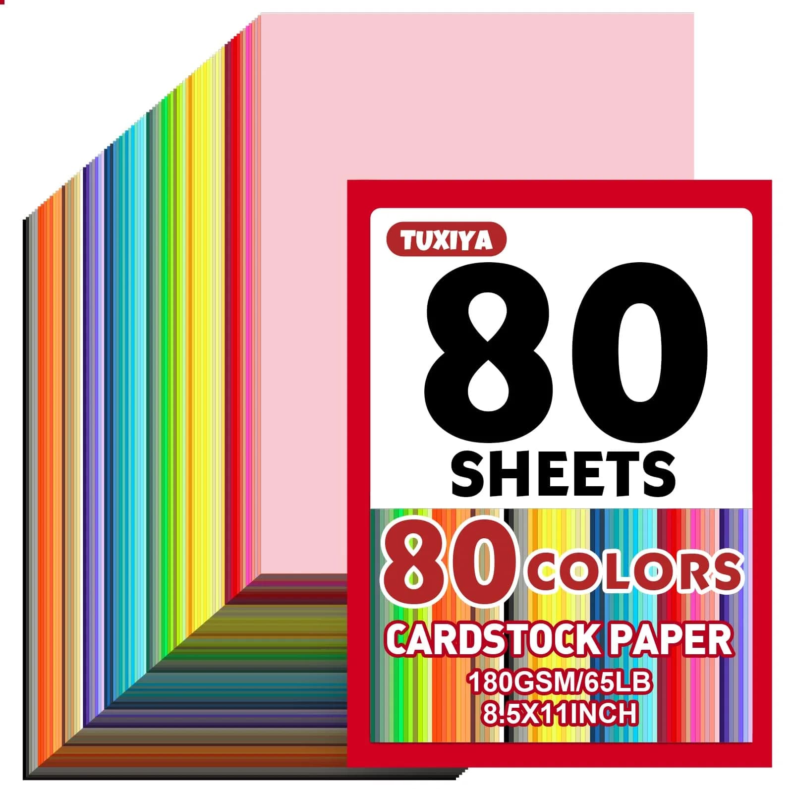 TUXIYA 80 Sheets 8.5" X 11" Colored Cardstock | Assorted Colors, 180 GSM, for Crafts & School Projects - main product image