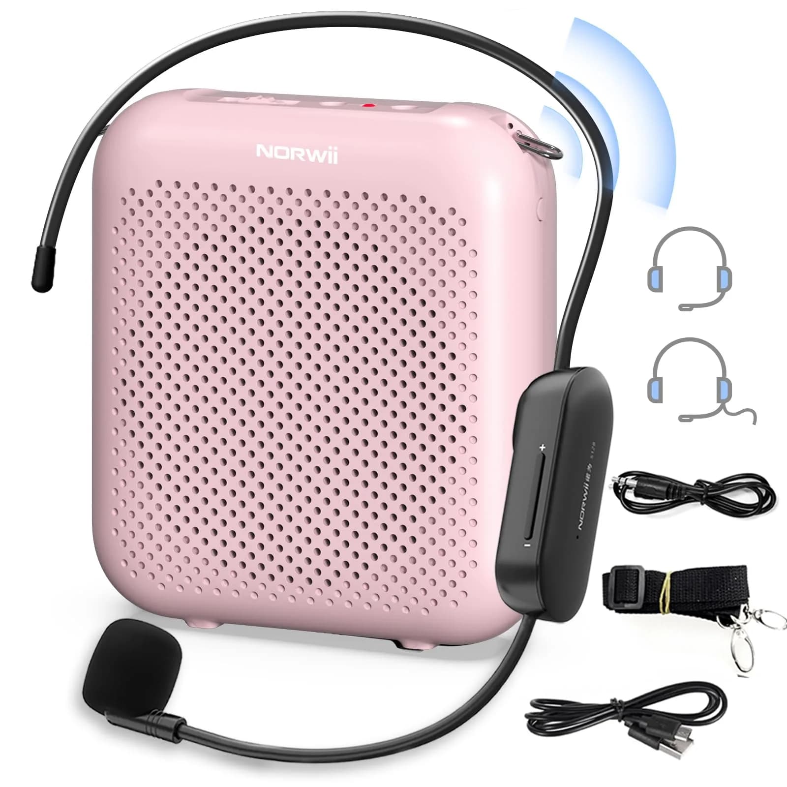 Norwii 15W Portable Voice Amplifier with Bluetooth Speaker & Dual Mics | 30m Wireless Range, 12-Hr Battery — Pink - 15W