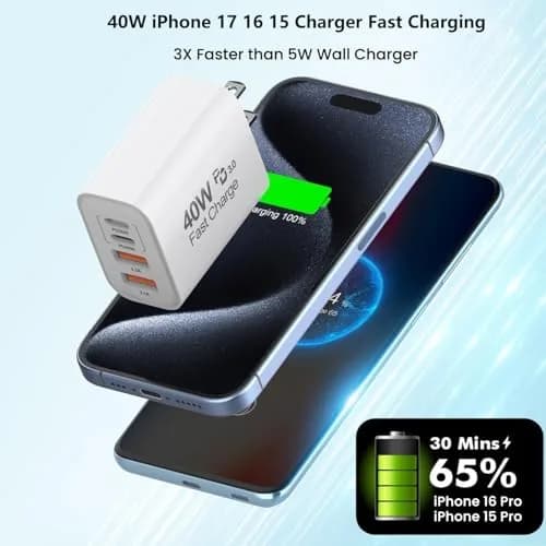 Dazana 40W Multiport Fast Charger for iPhone 17/16/15 | 4 Ports, PD 40W, Type C & A, Compact thumbnail 2