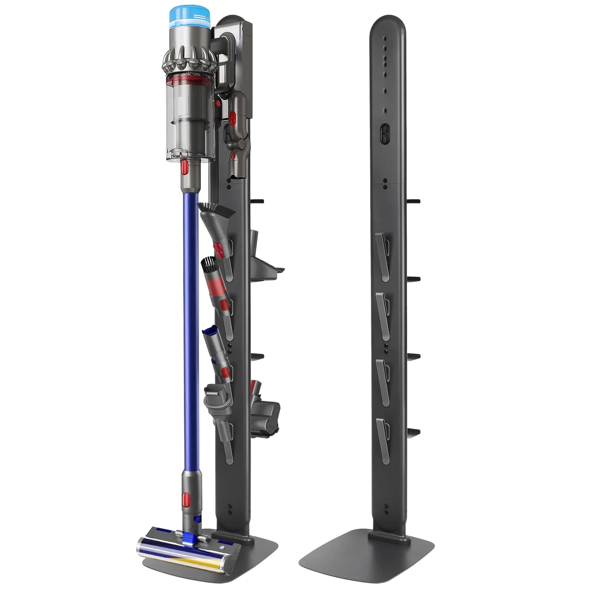 Kukikan GrandeTier Vacuum Stand Holder with 8 Hooks & Shelves | Freestanding Metal Dock for Cordless Vacuums