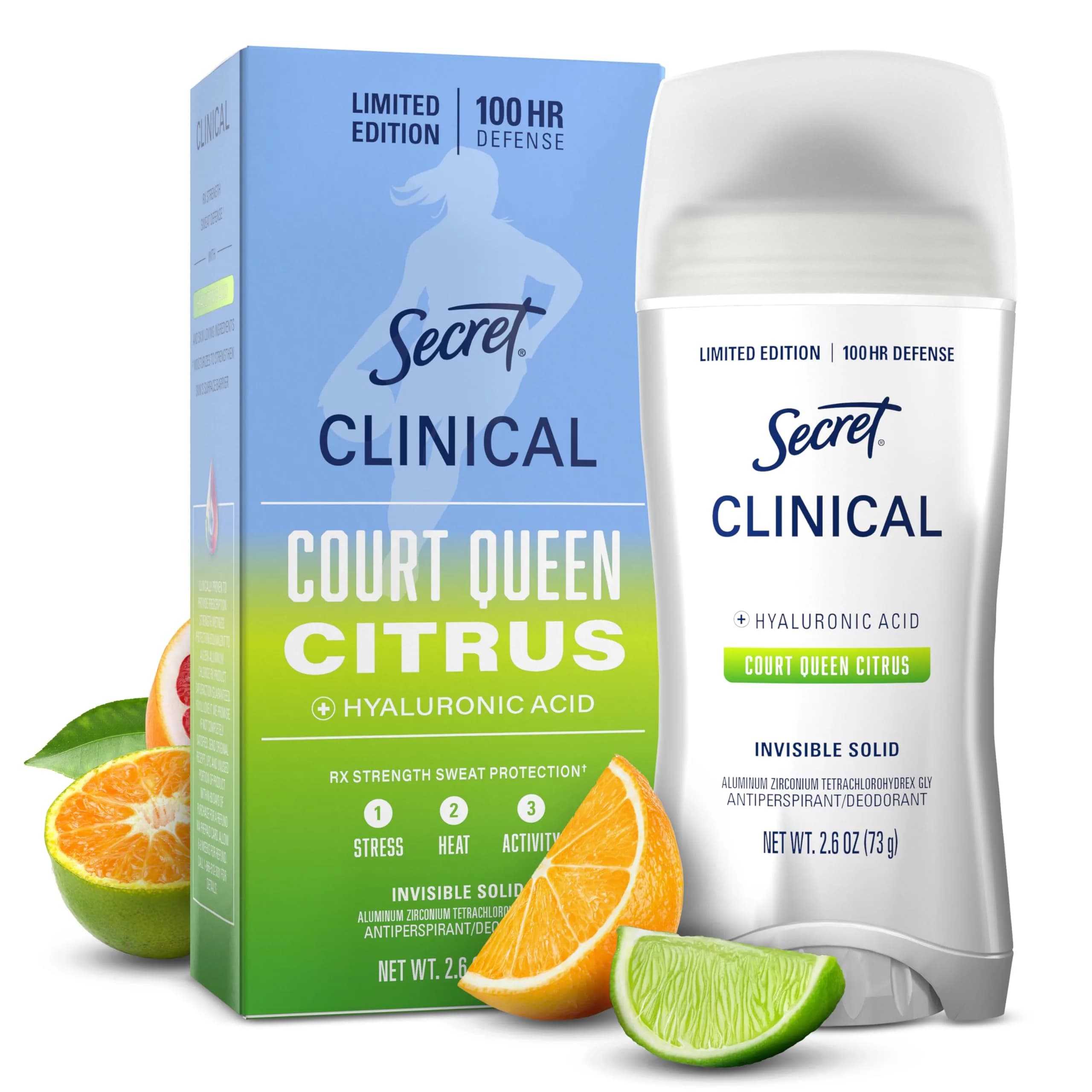 Secret Clinical Strength Invisible Solid Antiperspirant Deodorant for Women, Court Queen Citrus Scent, 76.6 ml (2.6 oz)