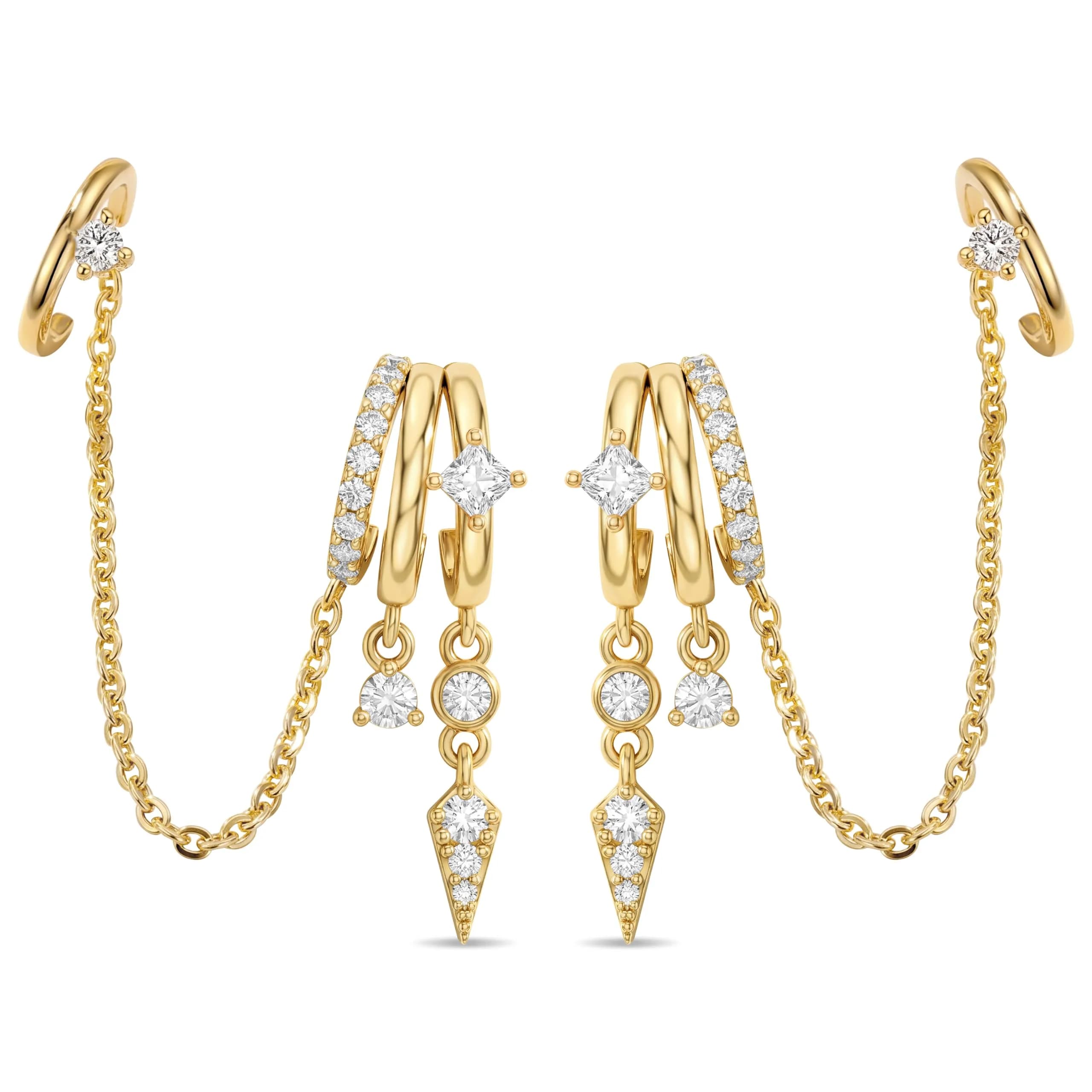 Hefanny Triple Huggie Stacked Earrings for Women Gold Chain Drop Dangle Earrings Cute Statement CZ Earrings Trendy Dainty Jewelry Gift (Spike Chain Cuff/Gold, 1 Pair) - main product image