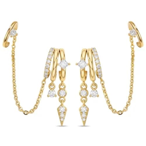 Hefanny Triple Huggie Stacked Earrings for Women Gold Chain Drop Dangle Earrings Cute Statement CZ Earrings Trendy Dainty Jewelry Gift (Spike Chain Cuff/Gold, 1 Pair) thumbnail 1