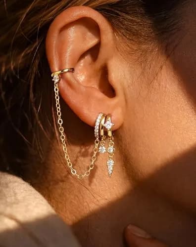 Hefanny Triple Huggie Stacked Earrings for Women Gold Chain Drop Dangle Earrings Cute Statement CZ Earrings Trendy Dainty Jewelry Gift (Spike Chain Cuff/Gold, 1 Pair) thumbnail 5