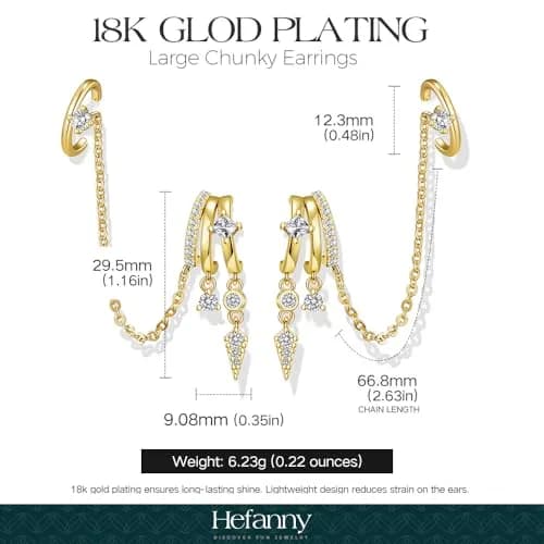 Hefanny Triple Huggie Stacked Earrings for Women Gold Chain Drop Dangle Earrings Cute Statement CZ Earrings Trendy Dainty Jewelry Gift (Spike Chain Cuff/Gold, 1 Pair) thumbnail 2