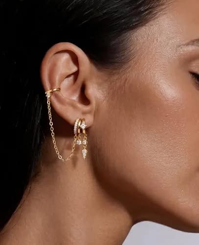 Hefanny Triple Huggie Stacked Earrings for Women Gold Chain Drop Dangle Earrings Cute Statement CZ Earrings Trendy Dainty Jewelry Gift (Spike Chain Cuff/Gold, 1 Pair) thumbnail 3