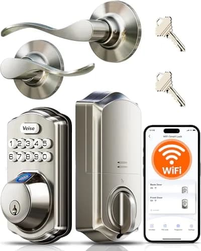 Veise VE012W-B Smart Wi-Fi Deadbolt Lock with Handle Set, Satin Nickel | App & Voice Control thumbnail 1