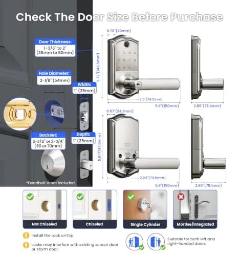 Veise VE019 Smart Lever Lock with Handle, Fingerprint Keyless Entry Door Lock, Satin Nickel | ANSI Grade 3 & BHMA Tested thumbnail 9