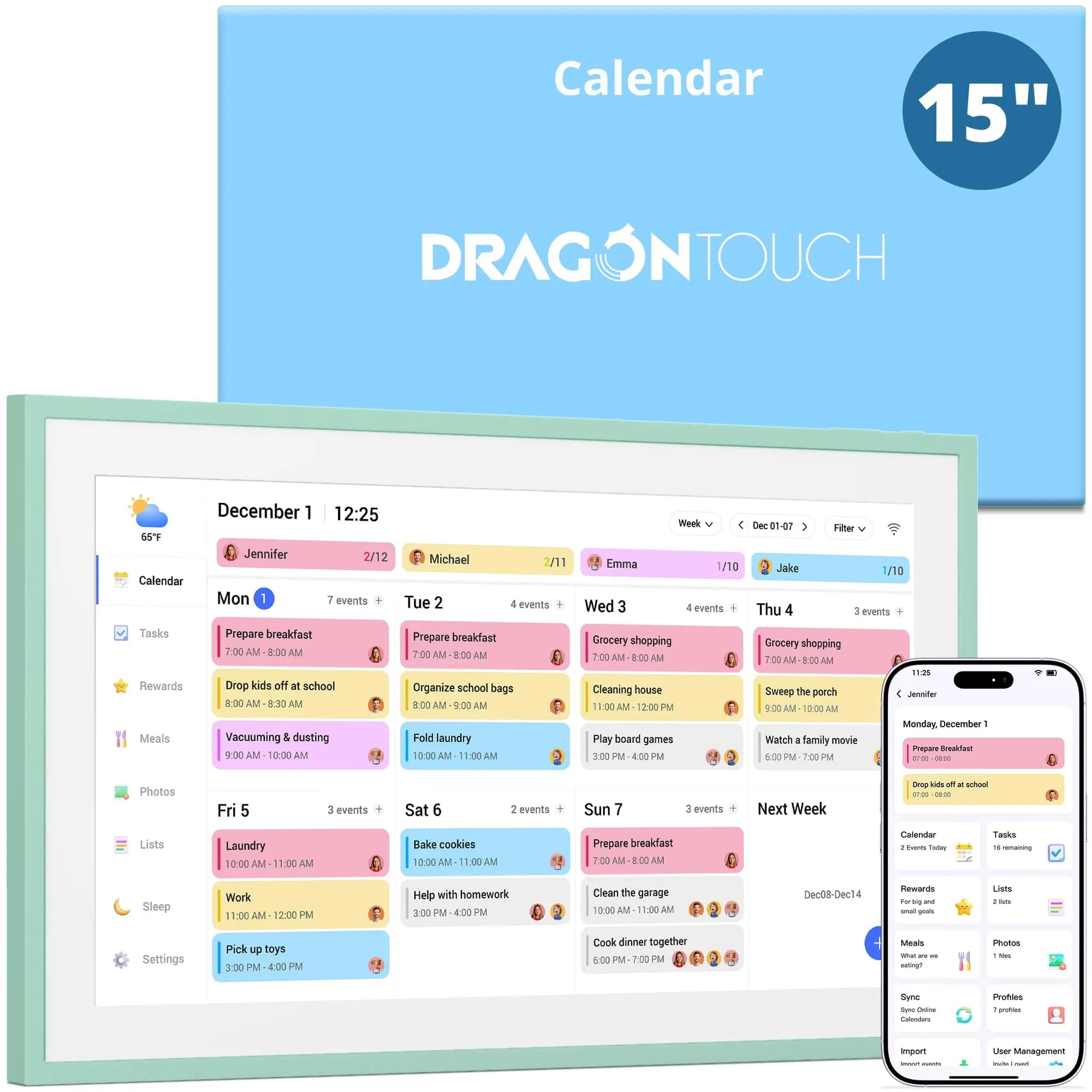 Dragon Touch 15.6 inch Digital Calendar & Chore Chart | Touchscreen Family Planner, Digital Picture Frame in Green — Mint Green