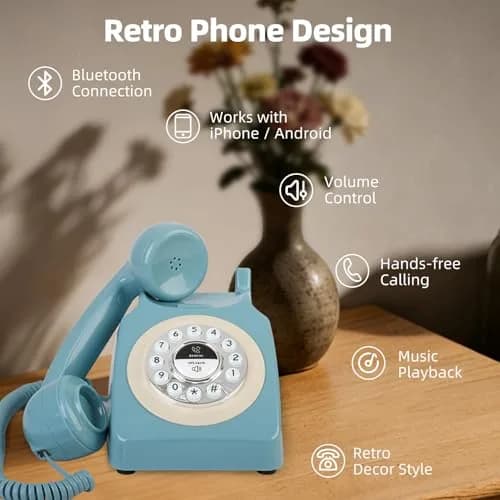 Aokpsrt Retro Blue Bluetooth Landline Phone | Mid-Century Style Desk Telephone with Vintage Ringtones (0.811 Fl Oz) thumbnail 2
