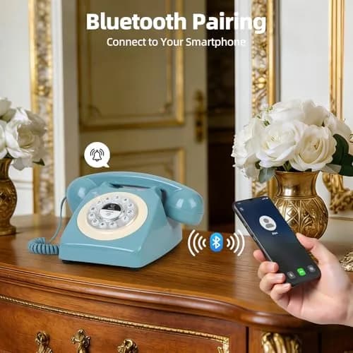 Aokpsrt Retro Blue Bluetooth Landline Phone | Mid-Century Style Desk Telephone with Vintage Ringtones (0.811 Fl Oz) thumbnail 3
