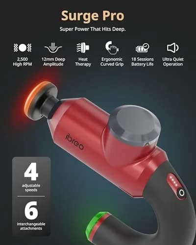 ibreo Surge Pro Deep Tissue Massage Gun with Heat | 12mm Amplitude, 4 Speeds, 6 Heads for Pain Relief thumbnail 2