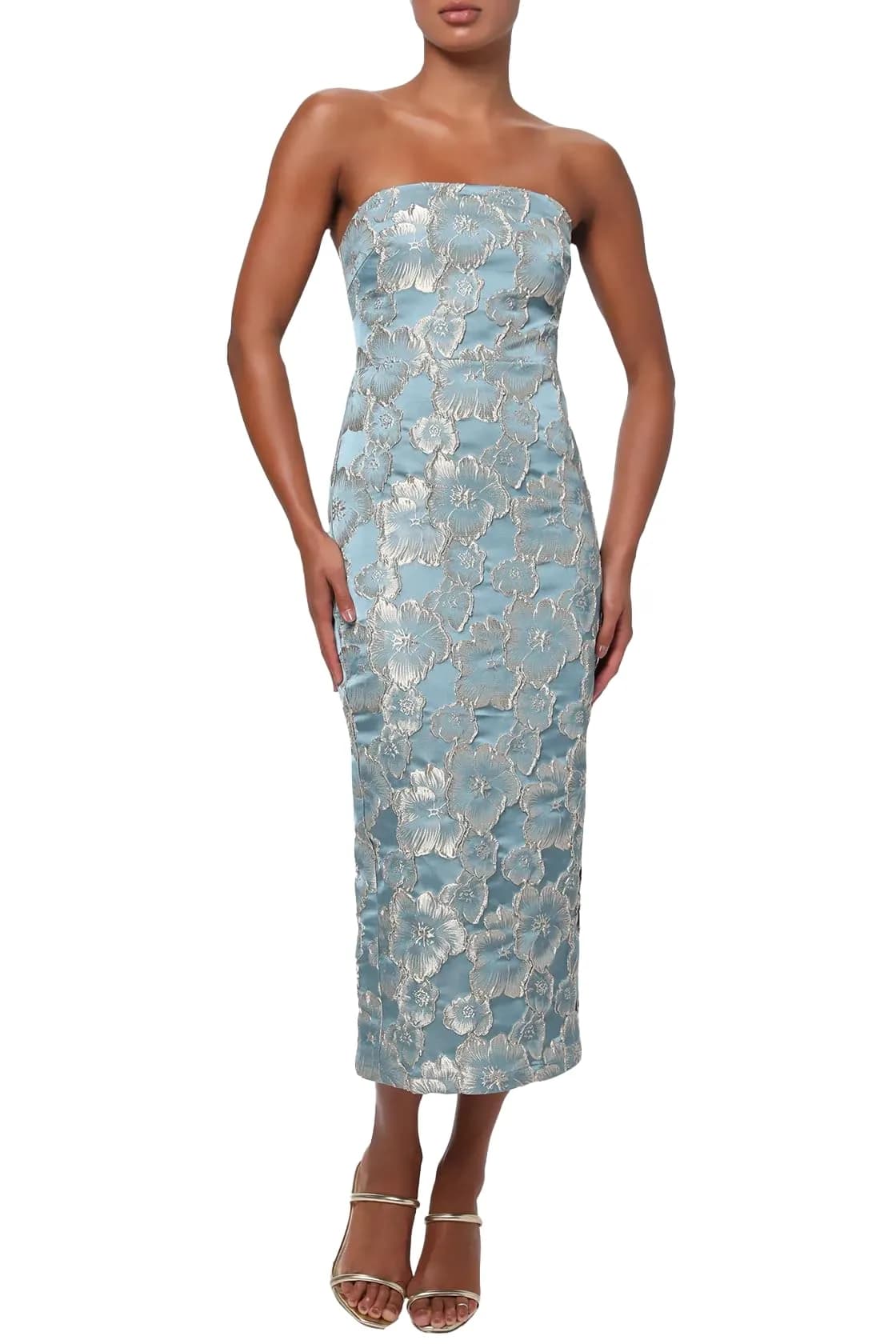 Lulus Isla Strapless Midi Dress Champagne Large | Elegant Cocktail Attire — Blue/Gold / Small