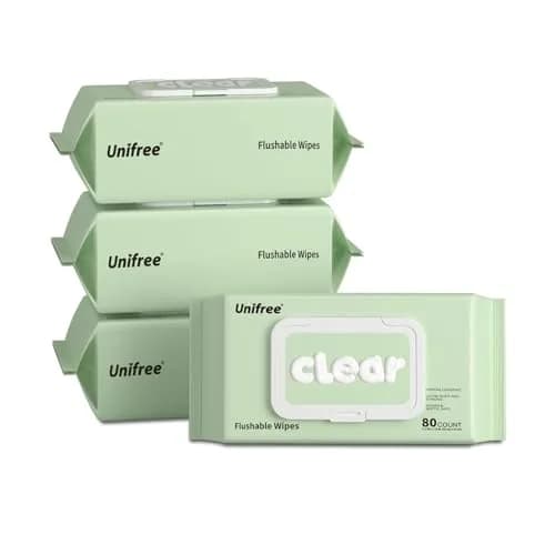 UNIFREE Flushable Wipes XL | Gentle, Septic & Sewer Safe, Biodegradable, 4 Large Packs (320 Wipes) thumbnail 1