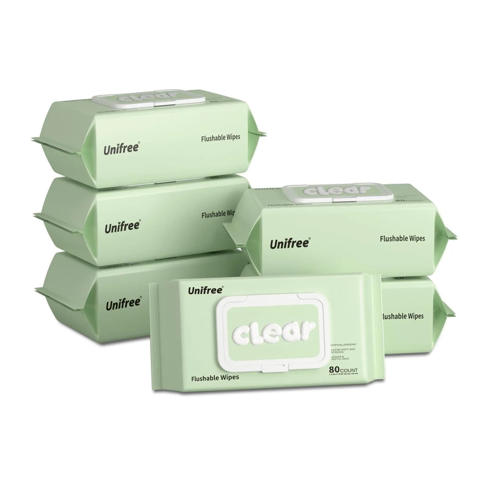 UNIFREE Flushable Wipes | XL Wet Wipes Gentle Clean, Septic & Sewer Safe, 6 Large Packs (480 Wipes) | Biodegradable, Toilet, Flip-Top