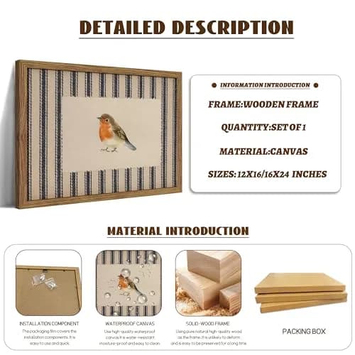 AKWISH Framed Robin Bird Wall Art, 16"L x 12"W Watercolor Canvas, Farmhouse Decor, Vintage Animal Artwork for Living Room & Bedroom thumbnail 5
