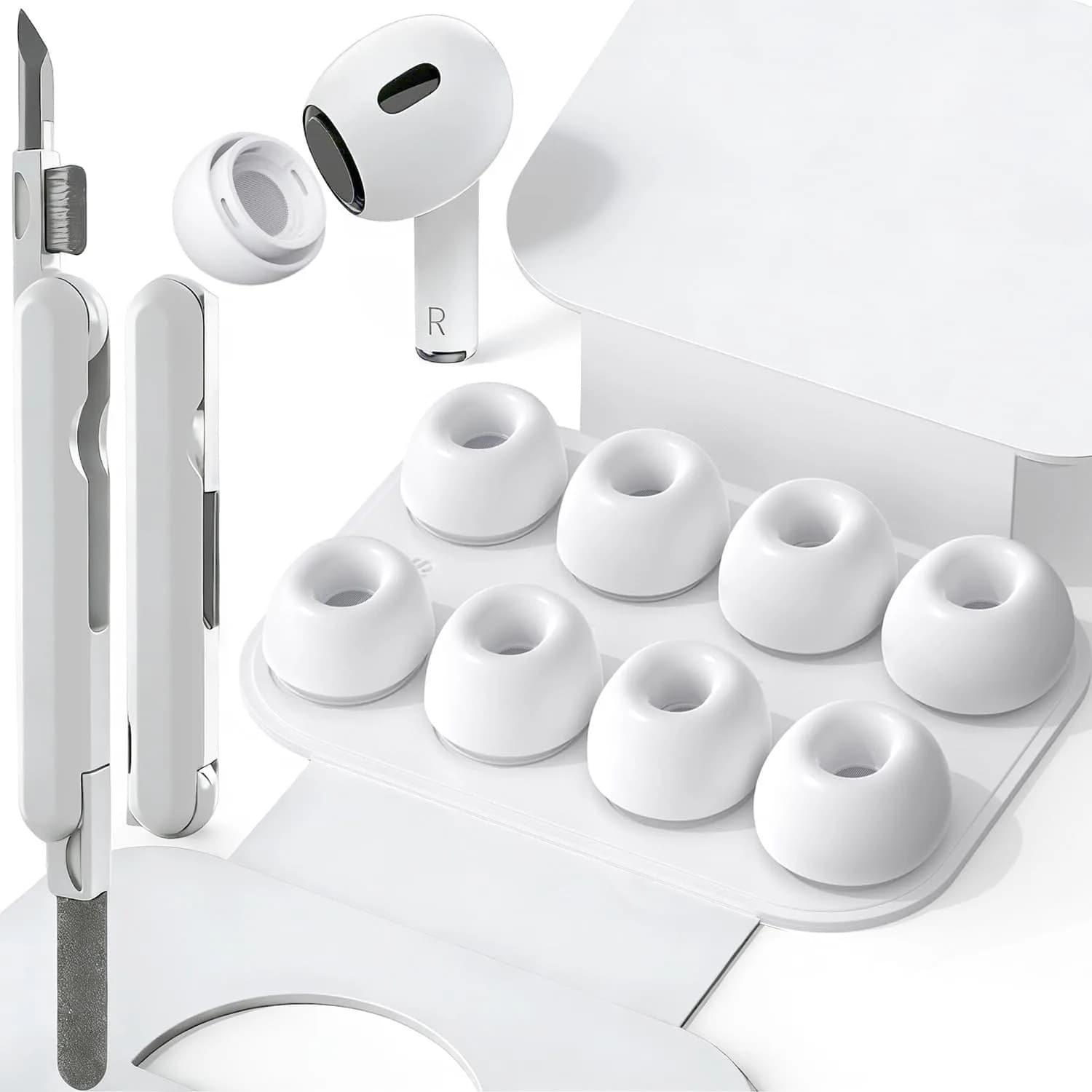 SIXFU Ear Tip Replacement for AirPod Pro & Pro 2 | 4 Sizes, Noise Reduction, Dust Guard, Portable Kit (White) - main product image