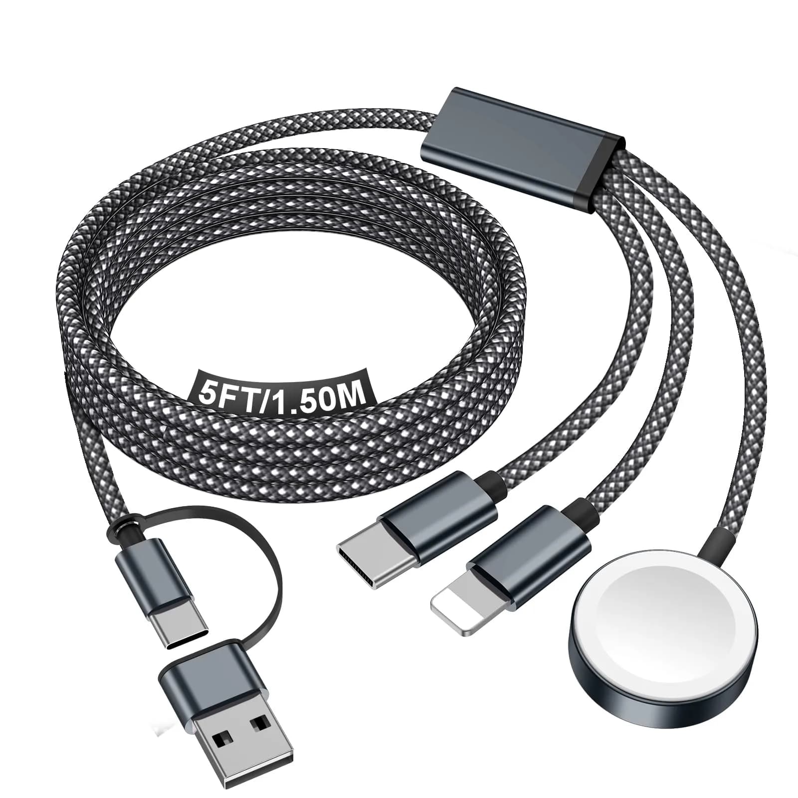 xiwxi 3-in-2 Multi-Charging Cable 1.5m (4.9ft) | MFI-Certified Fast Charging for Apple Watch, iPhone, USB-C