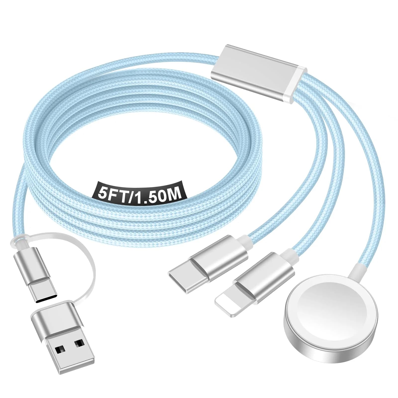 xiwxi 3-in-2 Multi-Charging Cable 1.5m (4.9ft) | MFI-Certified Fast Charging for Apple Watch, iPhone, USB-C