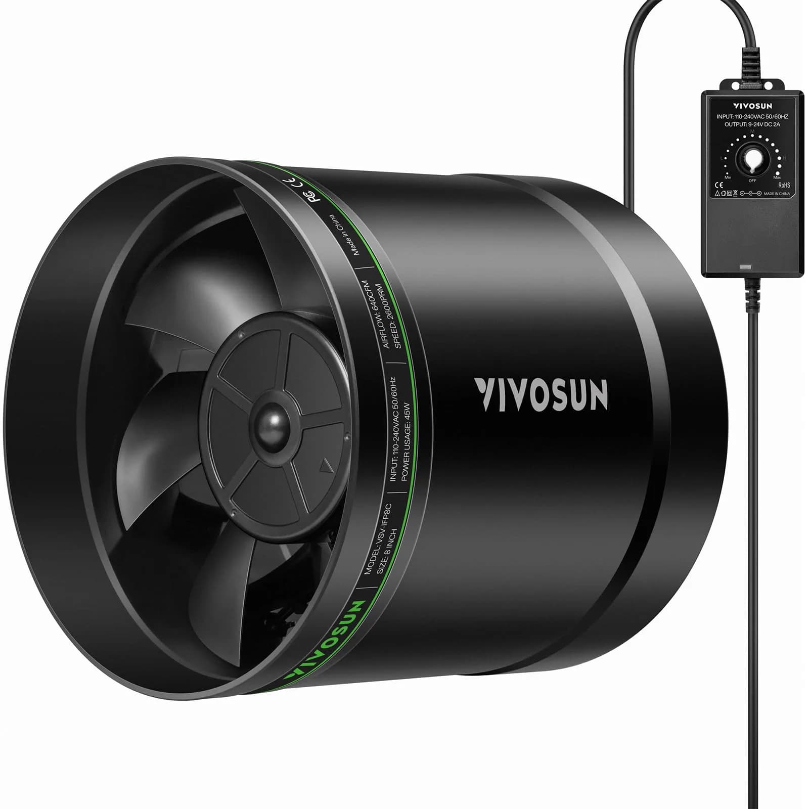 VIVOSUN 8" Inline Duct Fan 640 CFM | Variable Speed Control for Grow Tents & Workshops — 8" Pro