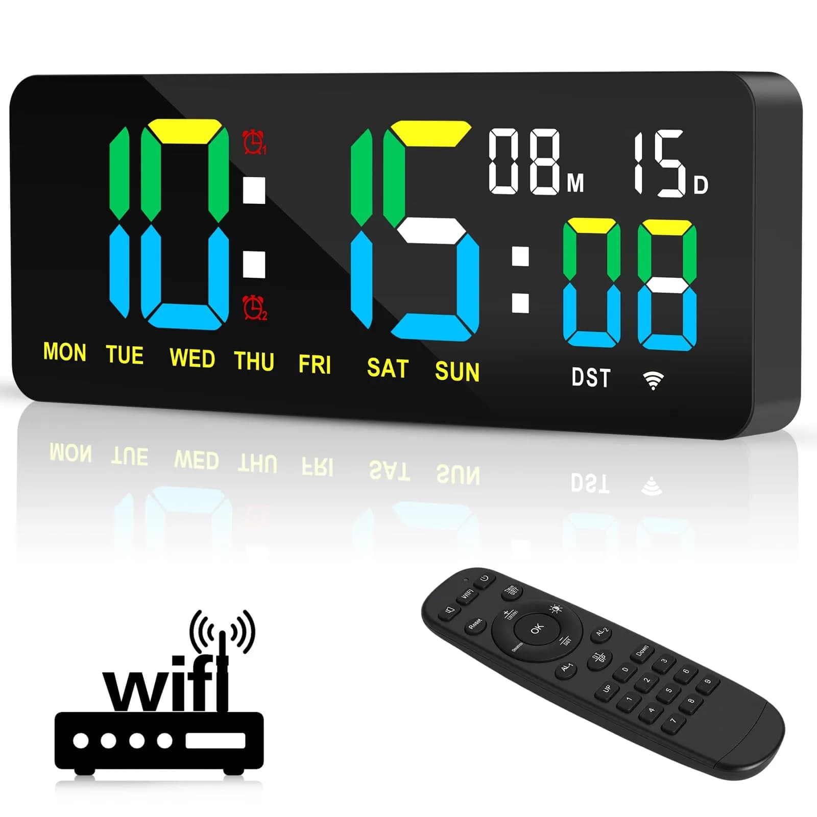 XREXS 12.2 Inch Digital Wall Clock WiFi Sync with Seconds & Remote Control | Large LED Display, Multi-Color Brightness, Calendar & Timer - main product image