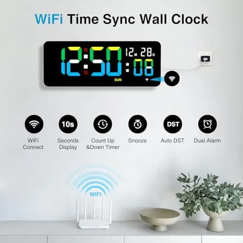 XREXS 12.2 Inch Digital Wall Clock WiFi Sync with Seconds & Remote Control | Large LED Display, Multi-Color Brightness, Calendar & Timer thumbnail 2