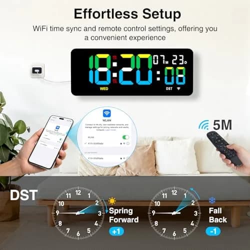 XREXS 12.2 Inch Digital Wall Clock WiFi Sync with Seconds & Remote Control | Large LED Display, Multi-Color Brightness, Calendar & Timer thumbnail 3
