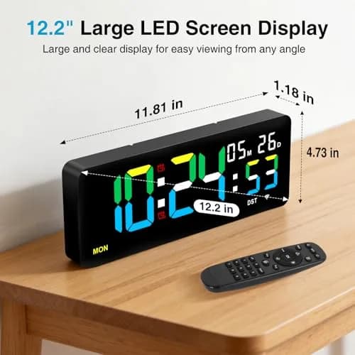 XREXS 12.2 Inch Digital Wall Clock WiFi Sync with Seconds & Remote Control | Large LED Display, Multi-Color Brightness, Calendar & Timer thumbnail 4