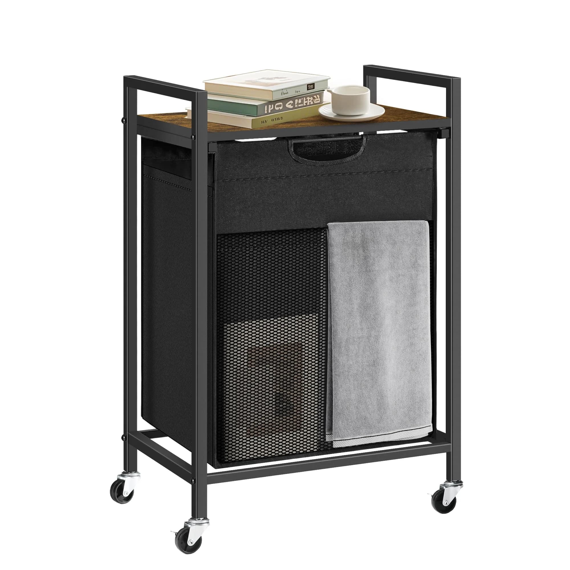 BRITEMART Laundry Hamper with Shelf 69L | Metal Frame, Lockable Wheels, Removable Bags - main product image