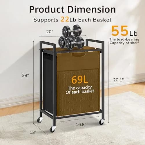 BRITEMART Laundry Hamper with Shelf 69L | Metal Frame, Lockable Wheels, Removable Bags thumbnail 6