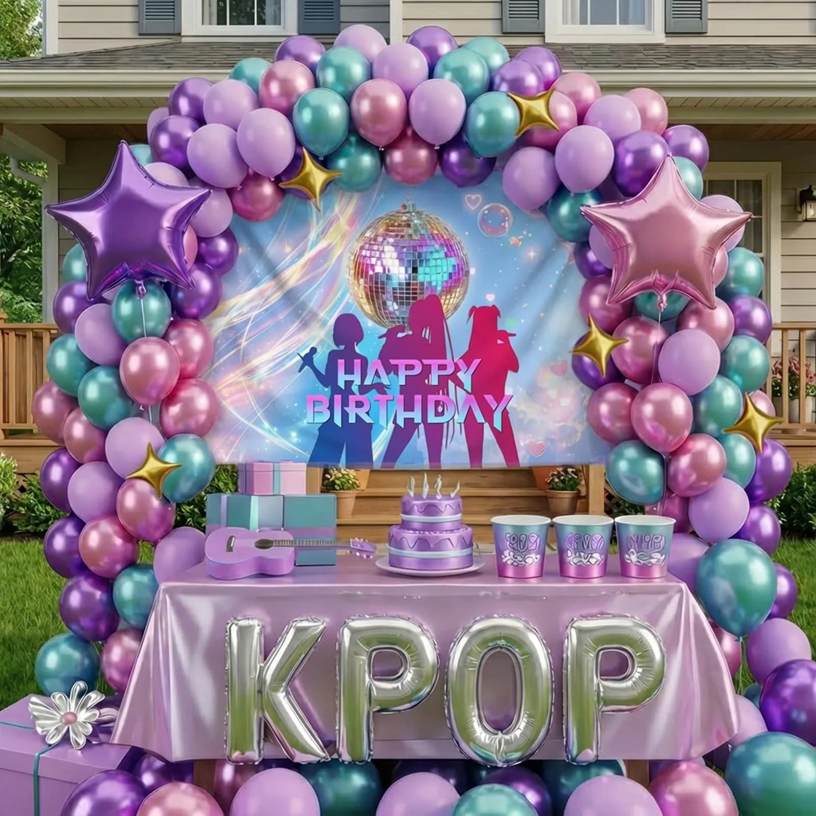 froufing Purple Green Pink Balloon Arch Garland Kit with Kpop Letter Mylar Balloons (91 Count) - main product image