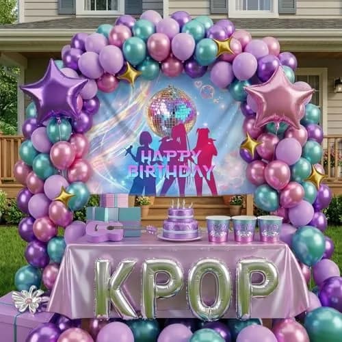 froufing Purple Green Pink Balloon Arch Garland Kit with Kpop Letter Mylar Balloons (91 Count) thumbnail 1