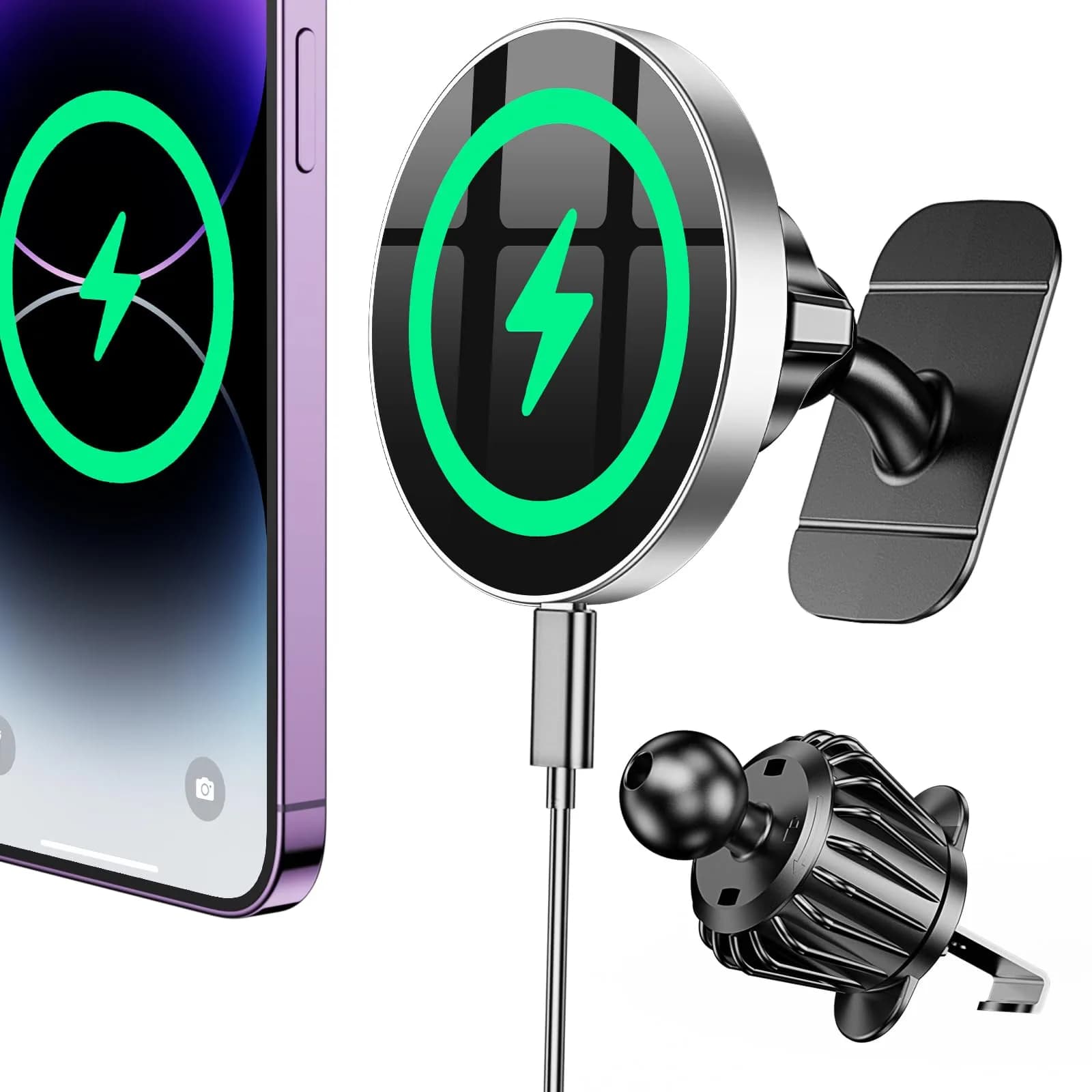 Coolpow Magsafe Car Mount Charger 15W | Magnetic Wireless Car Charger for iPhone — Gray