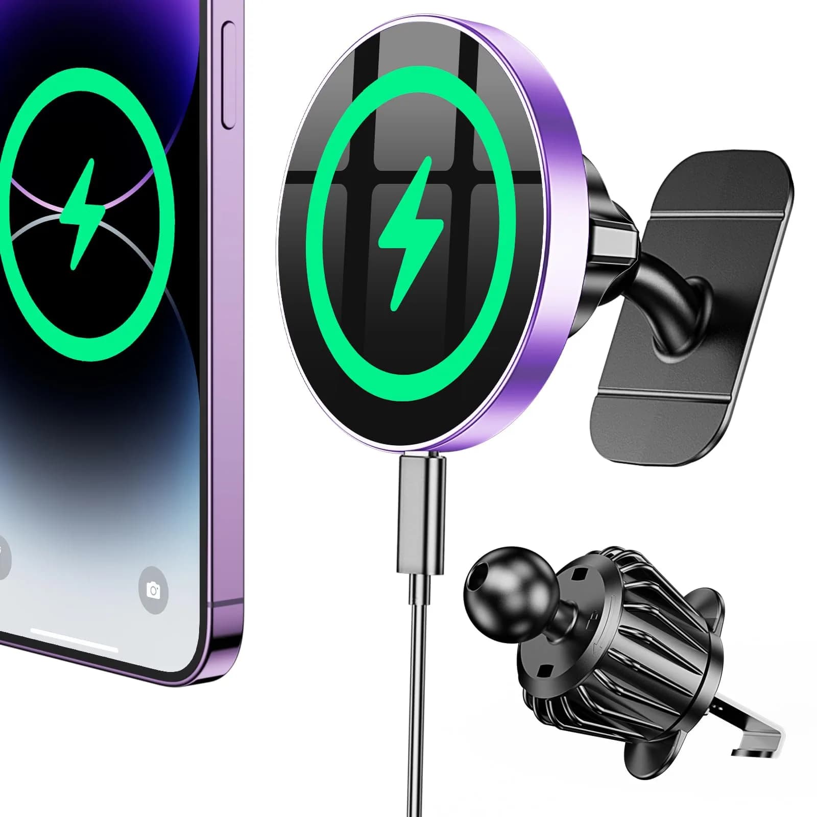 Coolpow Magsafe Car Mount Charger 15W | Magnetic Wireless Car Charger for iPhone — Purple