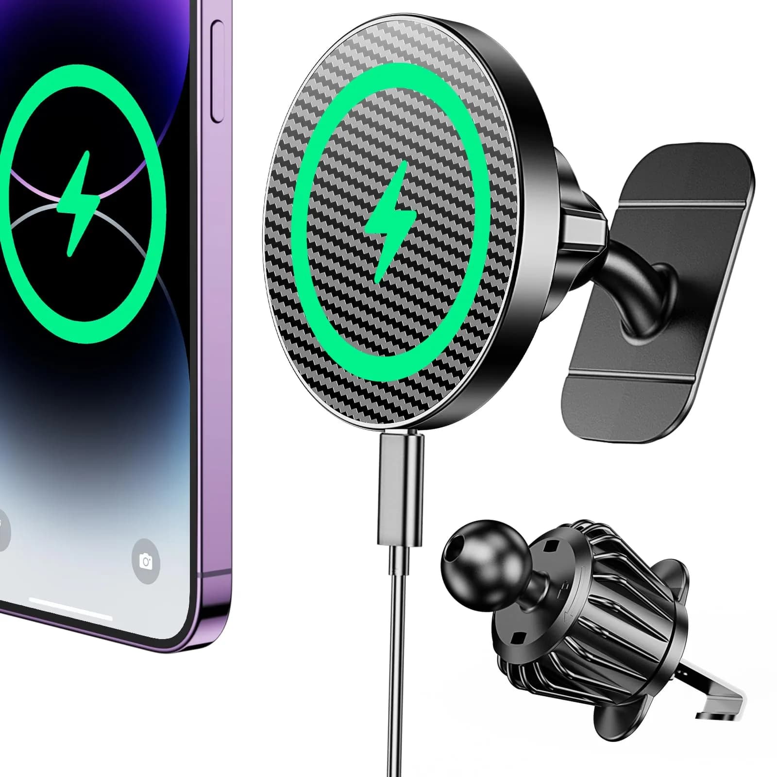 Coolpow Magsafe Car Mount Charger 15W | Magnetic Wireless Car Charger for iPhone — Carbon Fiber