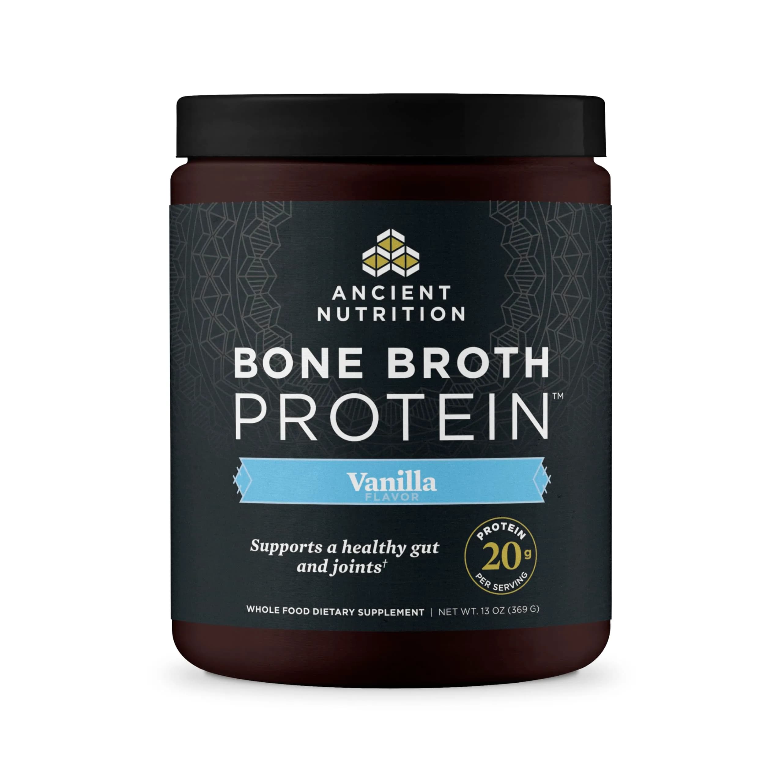 Ancient Nutrition Vanilla protein powder tub Bone broth 15 servings