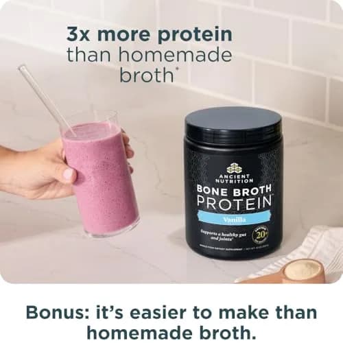 Ancient Nutrition Grass Fed Bone Broth Protein Powder Vanilla 13oz (368g) | 20g Protein, Gut + Joint Support thumbnail 6