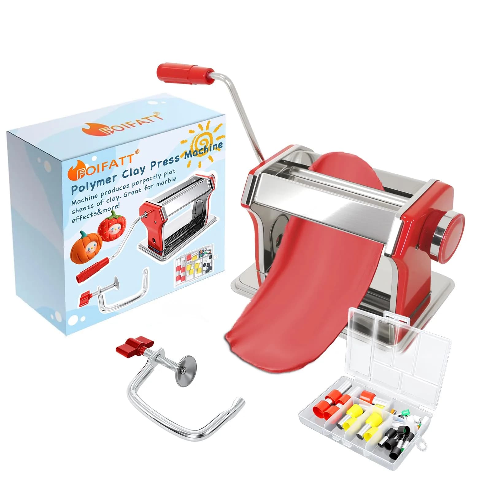 Foifatt Polymer Clay Press Machine with 6 Thickness Settings | Stainless Steel Clay Roller for Smooth Sheets — Red Clay Press
