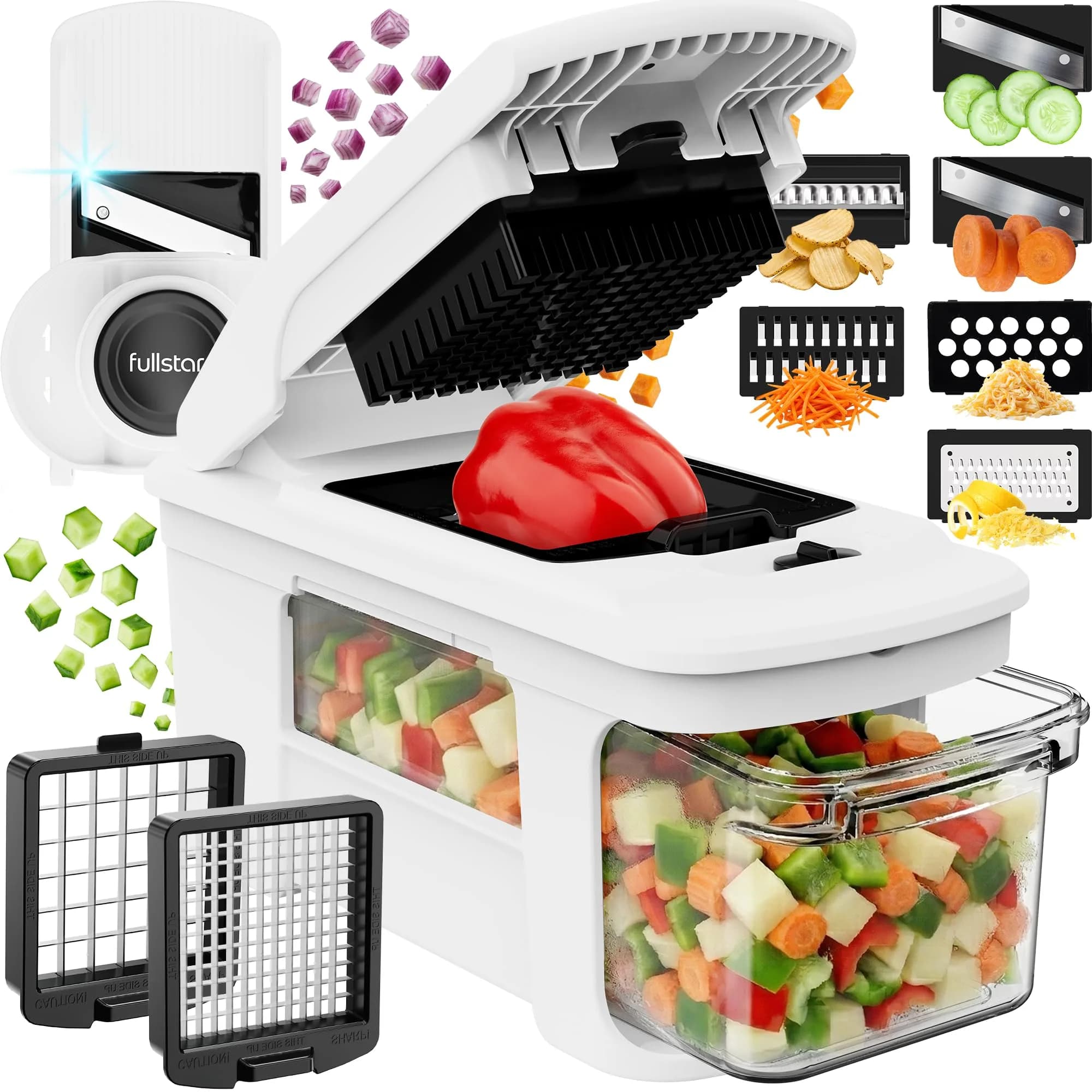 Fullstar Pro XL Vegetable Chopper & Mandoline Slicer with Catch Tray, 1.8L Container | 8 Interchangeable Stainless Steel Blades