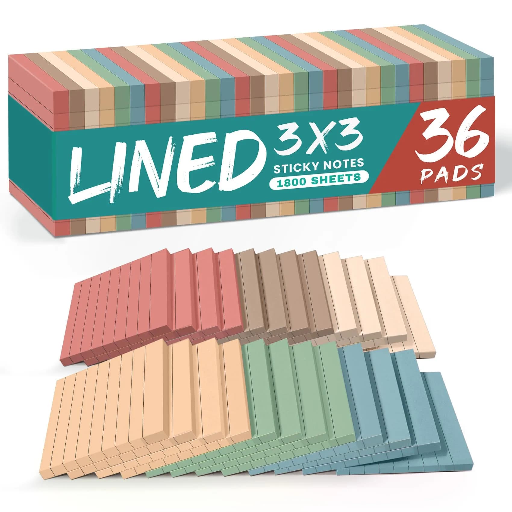 Taja Lined Sticky Notes 36 Pads, 7.62 cm (3 x 3 Inches), 50 Sheets/Pad | Bright Color for Office & Study — Vintage / 36
