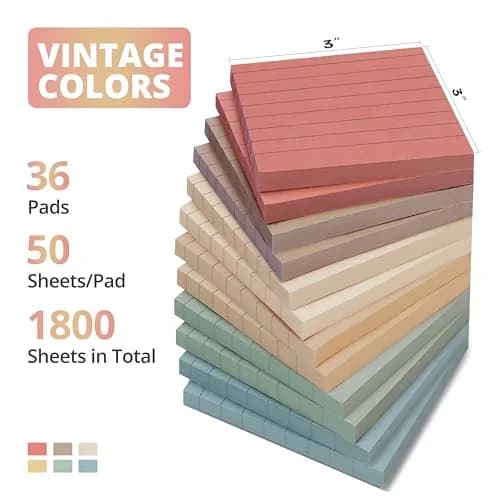 Taja Lined Sticky Notes 3x3 Inches, 36 Pads | Vintage Pastel Colors for Organization thumbnail 2