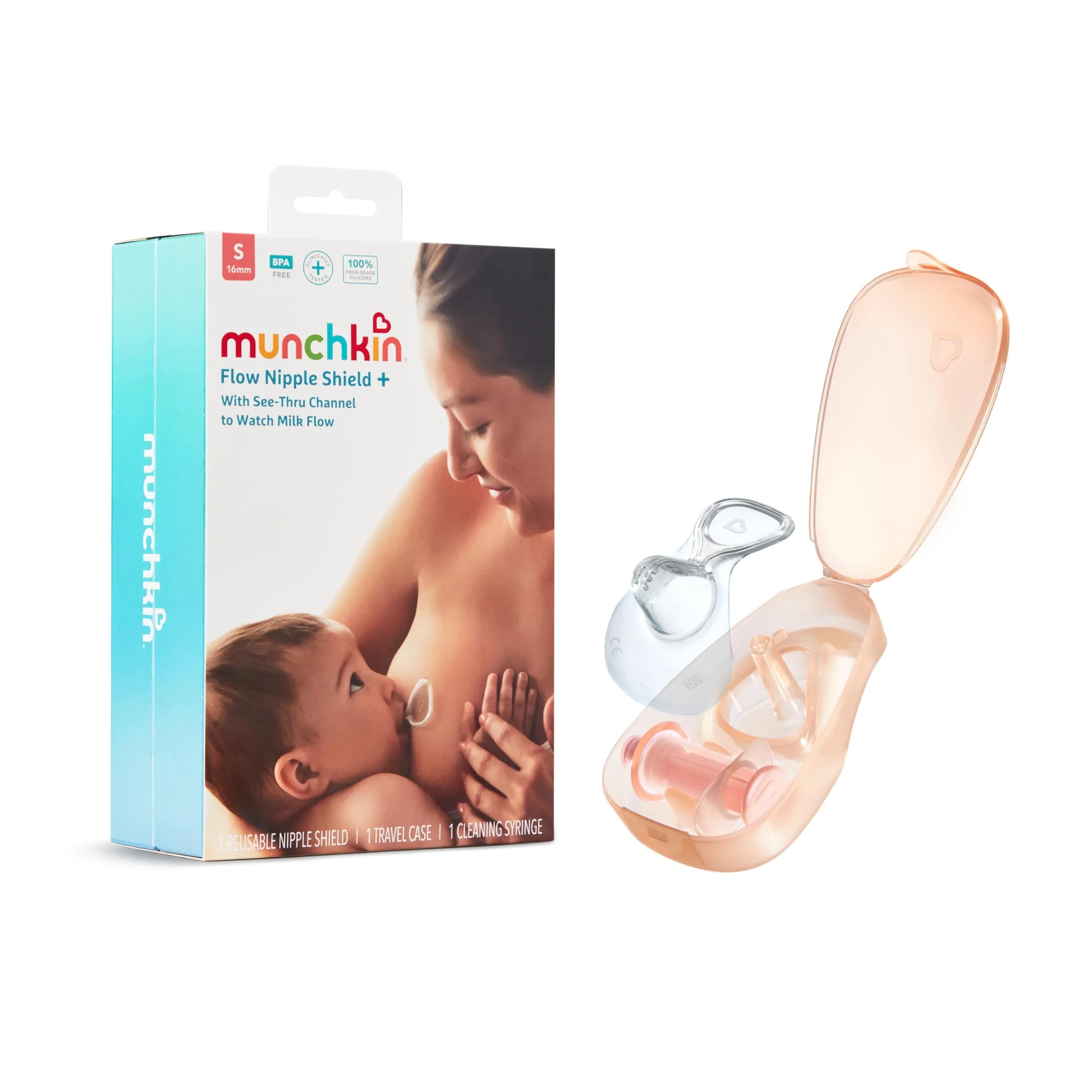 Munchkin Flow 28mm Nipple Shield for Breastfeeding Newborns, Silicone Latch Monitor with Visible Milk Flow Channel, Nursing Support for Sore Nipples | See Milk Flow While Nursing — 16mm