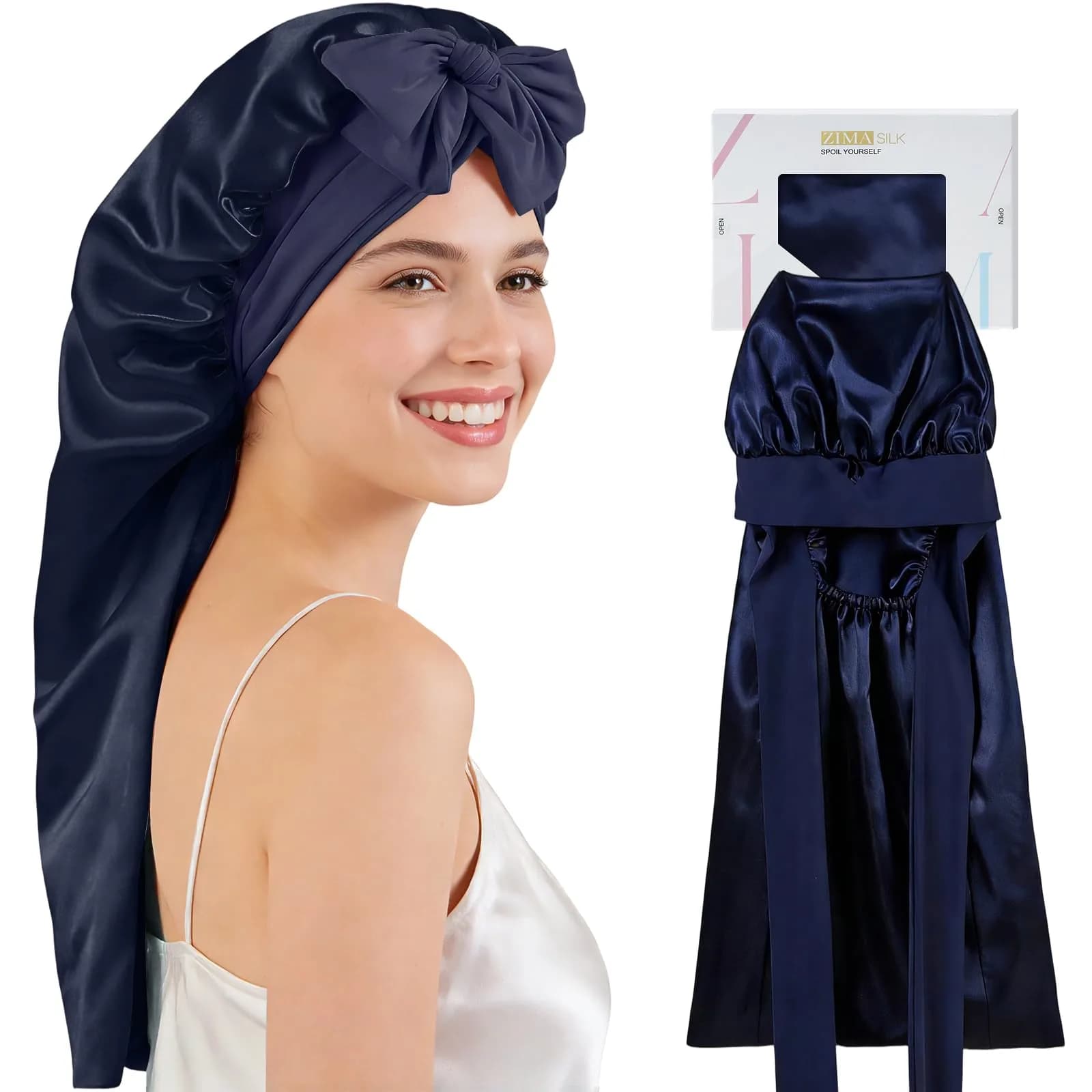 ZIMASILK Long Mulberry Silk Bonnet for Sleeping Women Navy Blue | OEKO-TEX Certified Hypoallergenic - main product image