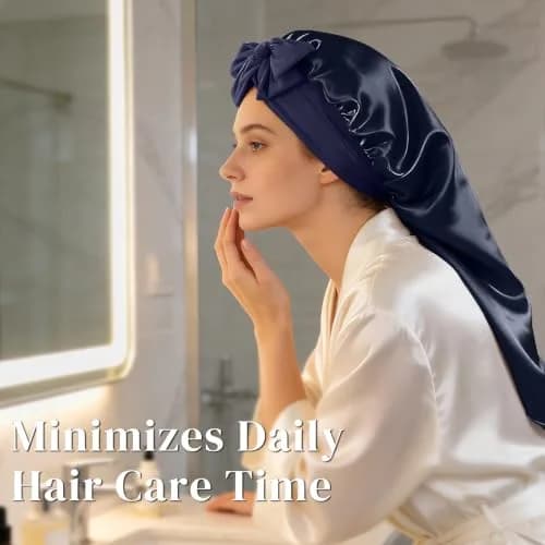 ZIMASILK Long Mulberry Silk Bonnet for Sleeping Women Navy Blue | OEKO-TEX Certified Hypoallergenic thumbnail 6