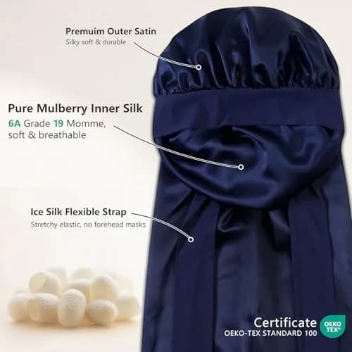 ZIMASILK Long Mulberry Silk Bonnet for Sleeping Women Navy Blue | OEKO-TEX Certified Hypoallergenic thumbnail 2