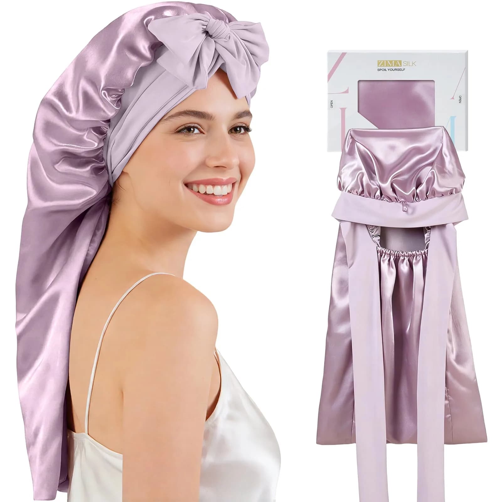 ZIMASILK Long Mulberry Silk Bonnet for Sleeping Women, Pink | 19 Momme 100% Mulberry Silk, Hypoallergenic & Durable — Purple