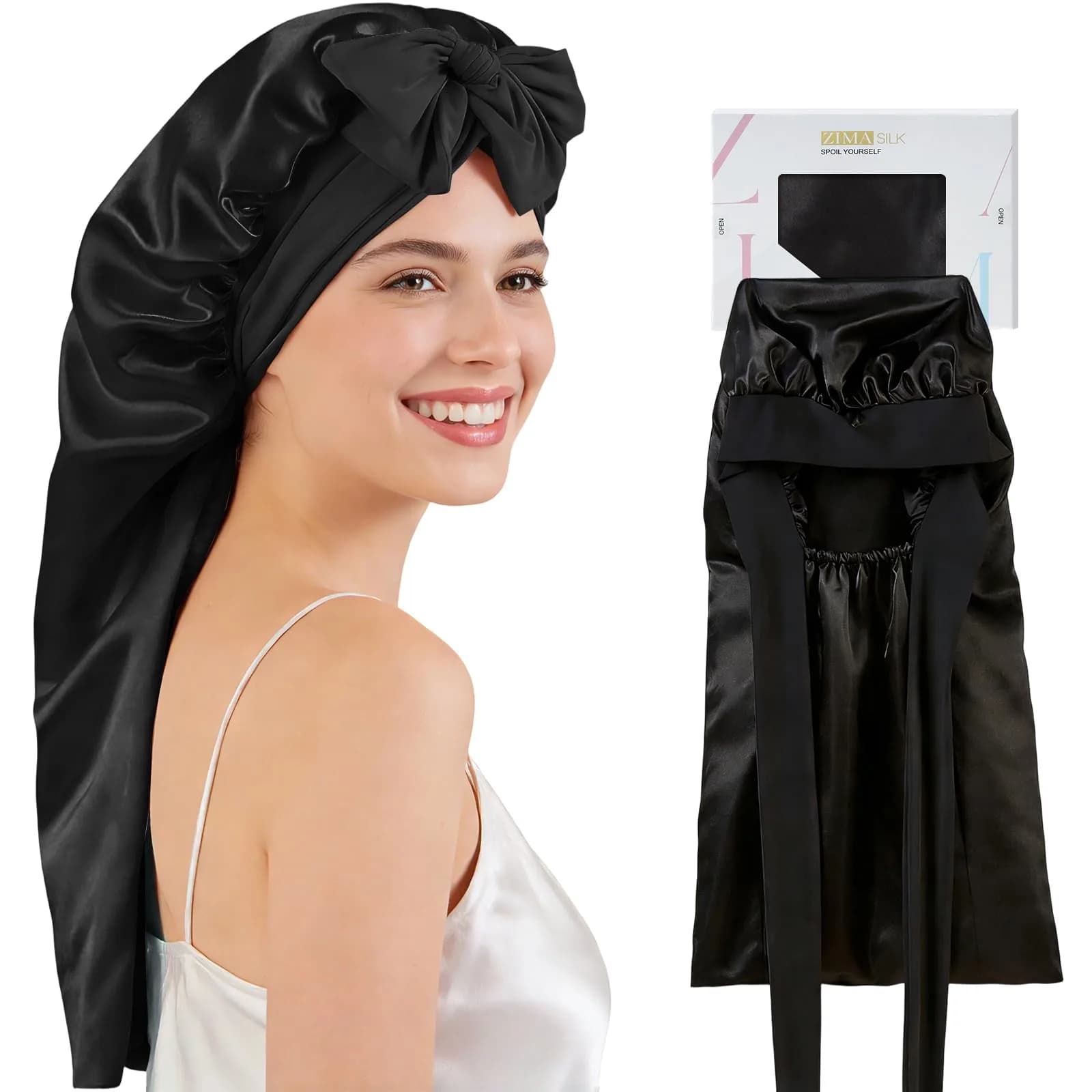 ZIMASILK Long Mulberry Silk Bonnet for Sleeping Women, Pink | 19 Momme 100% Mulberry Silk, Hypoallergenic & Durable — Black / One Size